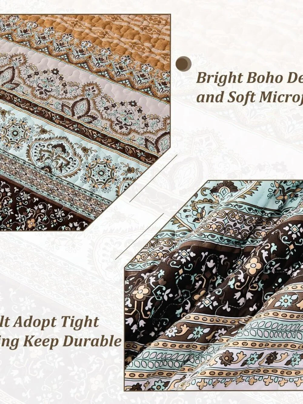 Boho Quilts Queen Size, 3 Pieces Bedspread Bedding Set, Brown | Bohemian Lightwe_5
